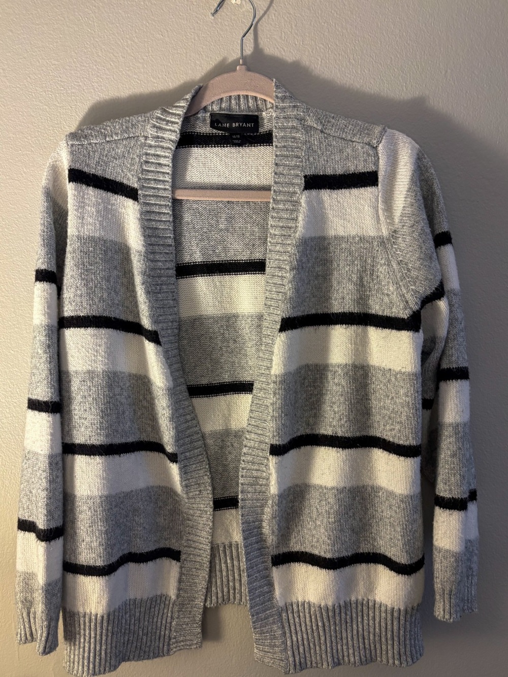 Lane Bryant Gray, White & Black Striped Open-Front Cardigan